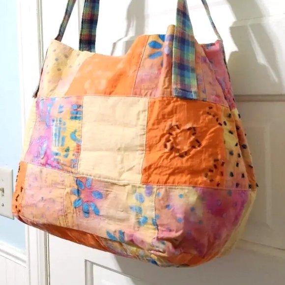 Original by Jernigan Orange Green Blue Plaid Beaded Large Hobo Shoulder Bag Tote - Picture 8 of 13